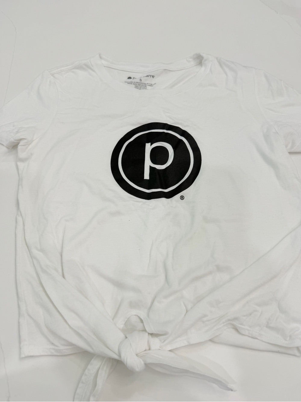 Pure Barre White Short-Sleeve Tee with Black 'p' Logo and Front Tie